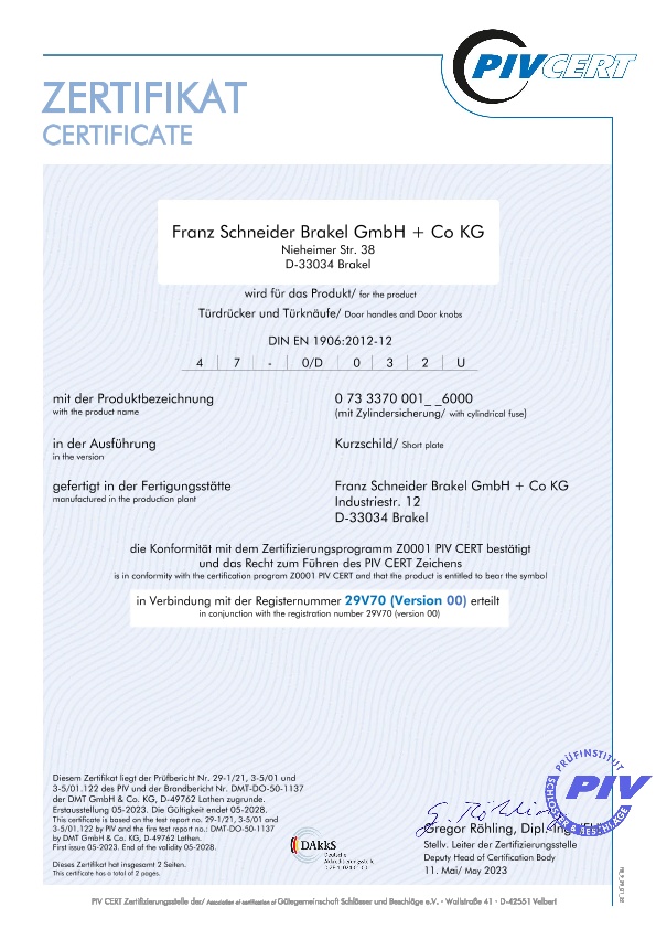 PIV-Zertifikat: Schutzbeschläge Kurzschild Innenseite mit Rosette Schutzklasse S 2