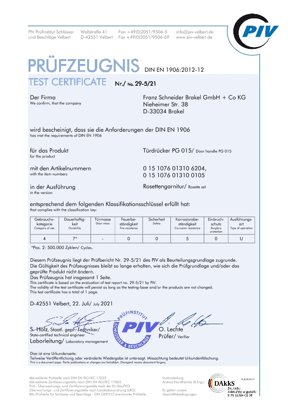 PIV-Test Certificate: Plug in handles