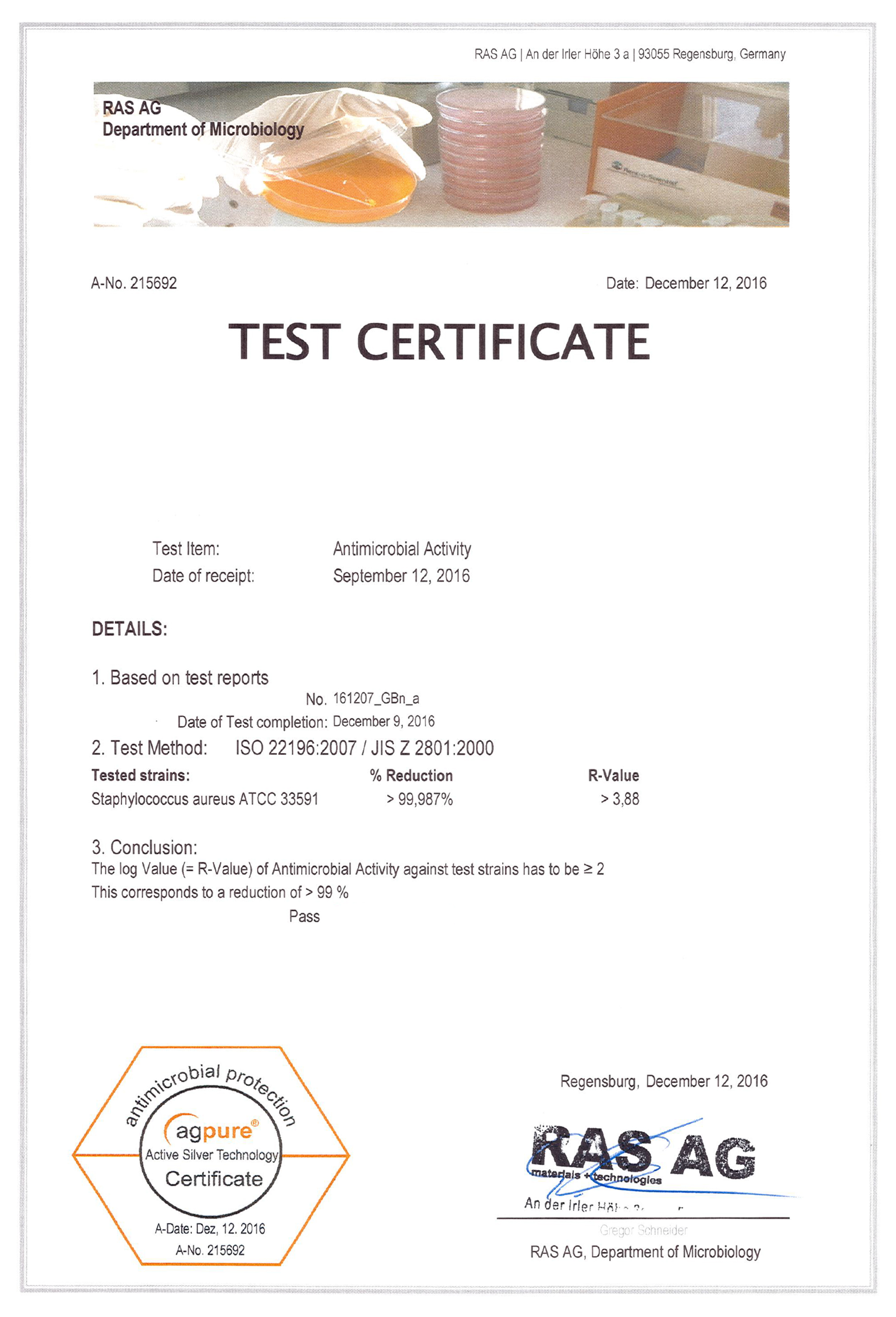 Test Certificate Anti-Infection-Coating 