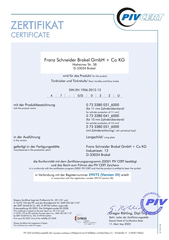 PIV-Certificate: Security fittings long Backplate Safety class 2 EN 1906