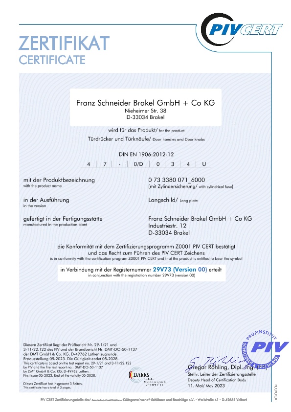 PIV-Certificate: Security fittings long Backplate Safety class 4 EN 1906