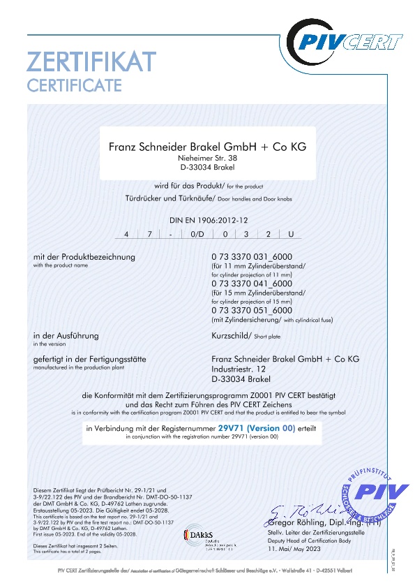 PIV-Certificate: Security fittings short Backplate Safety class 2 EN 1906